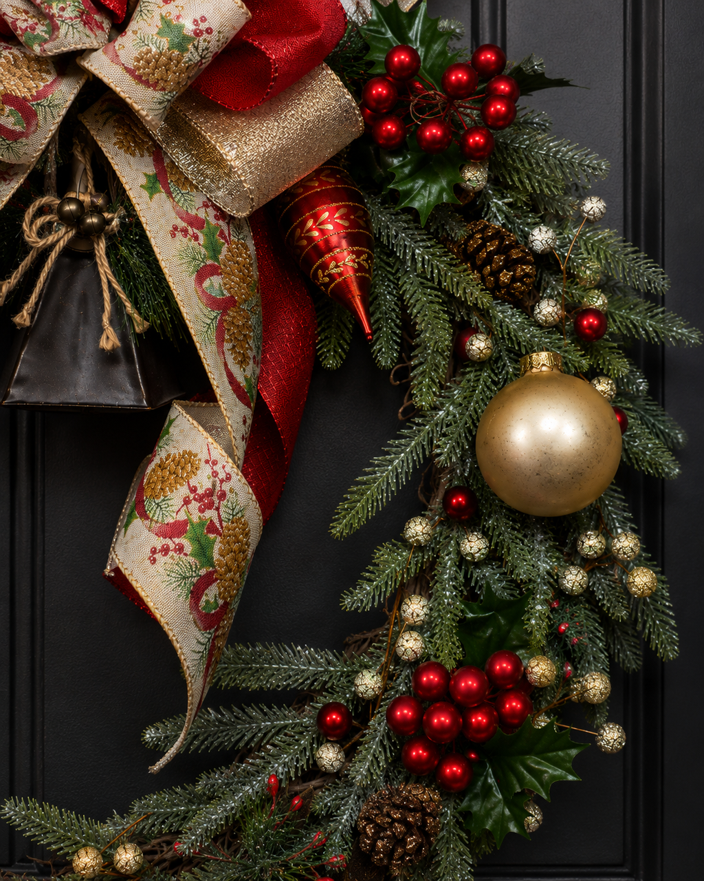 Woodland Bell handcrafted Christmas wreath with red berries and bells - view 5