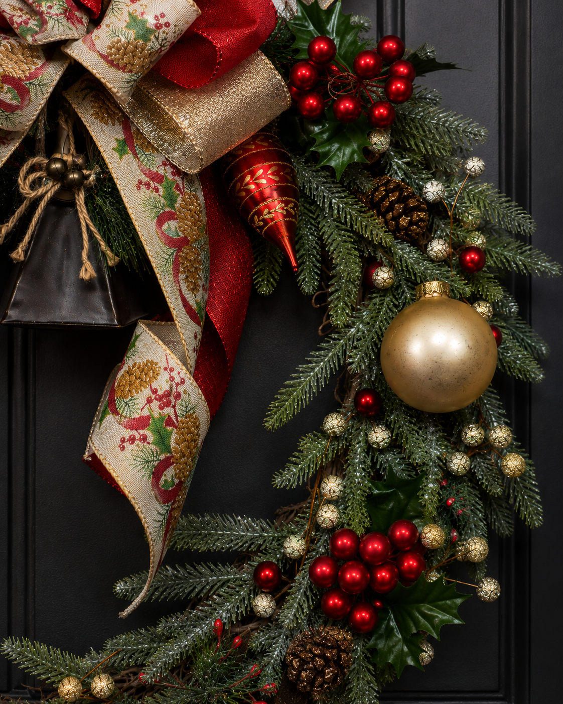 Woodland Bell handcrafted Christmas wreath with red berries and bells - view 5