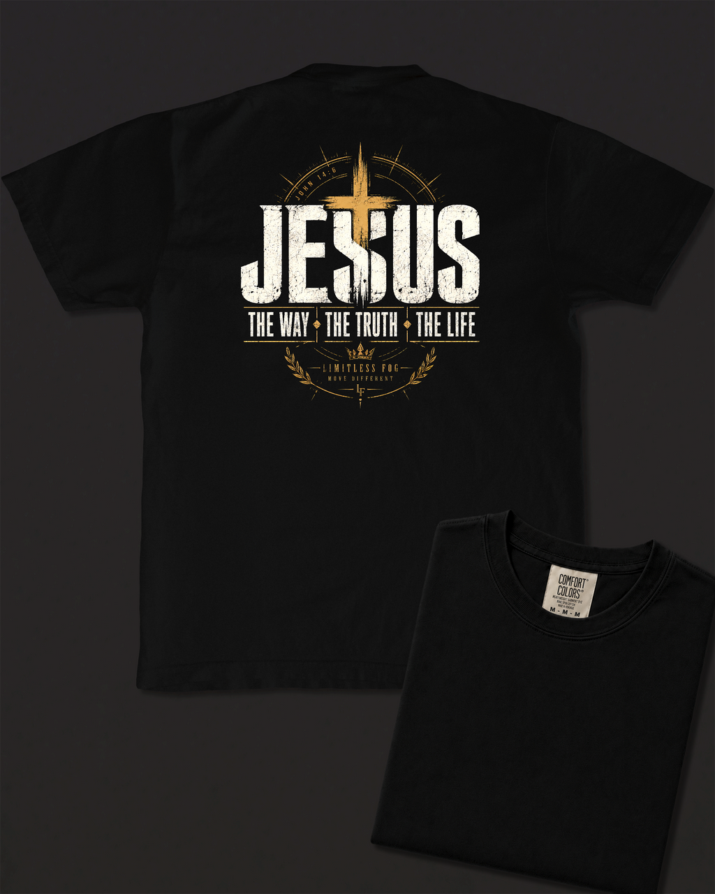 The Way, Truth, Life black heavyweight T-shirt with Jesus design - back design flat lay