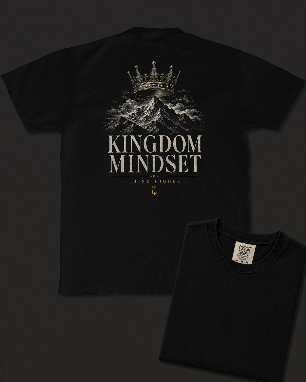 Kingdom black heavyweight T-shirt with crown and mountain faith design - design flat lay