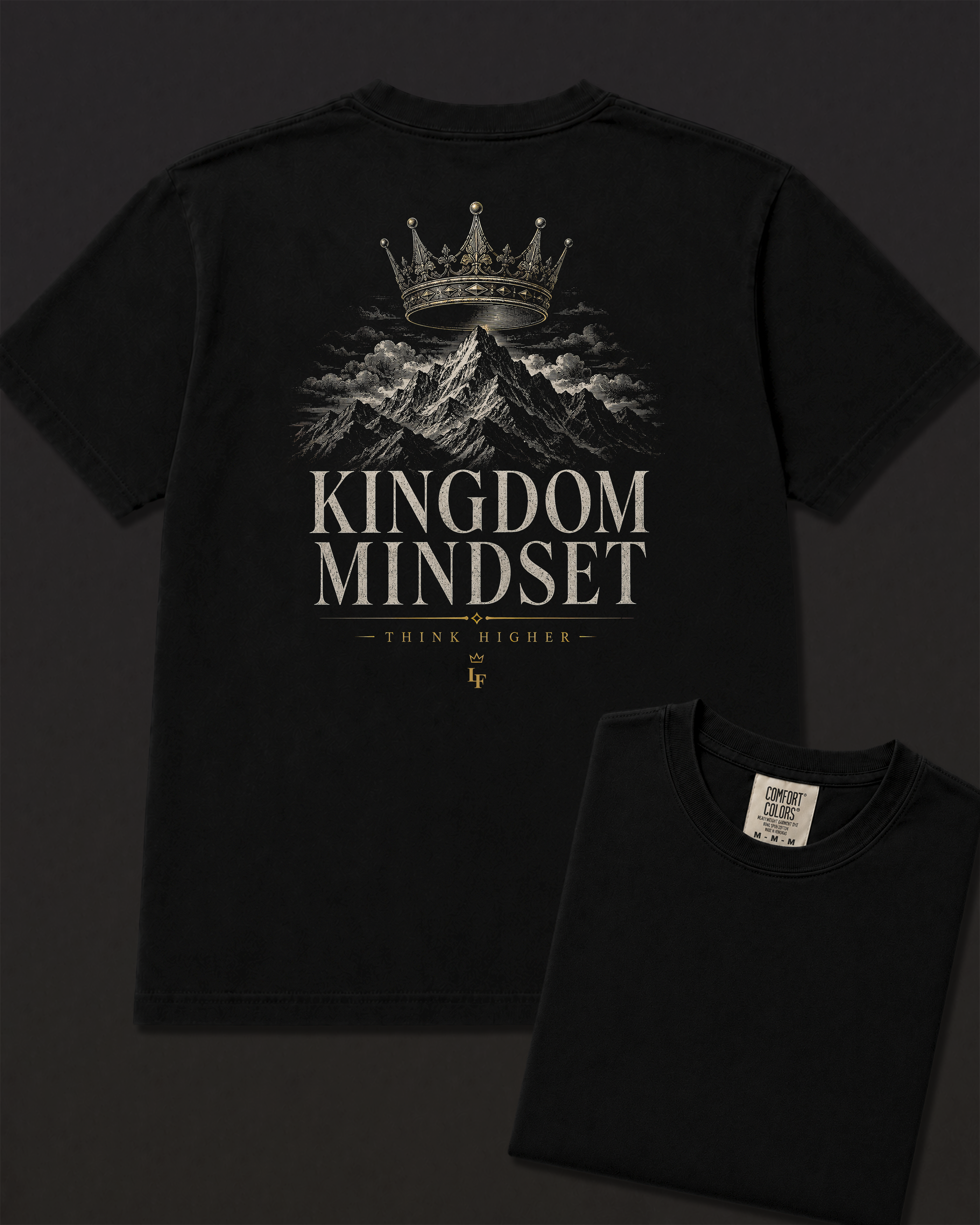 Kingdom black heavyweight T-shirt with crown and mountain faith design - lifestyle view 5