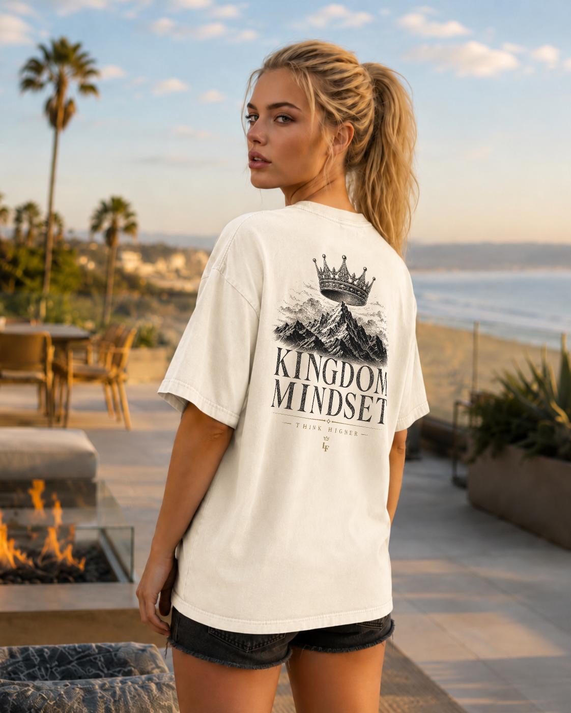 Kingdom ivory heavyweight T-shirt with crown and mountain faith design - lifestyle view 2