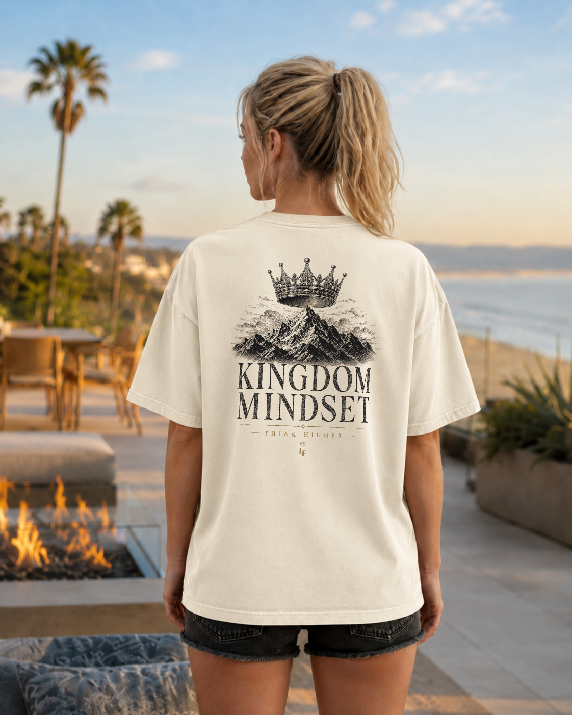 Kingdom ivory heavyweight T-shirt with crown and mountain faith design - lifestyle view 1
