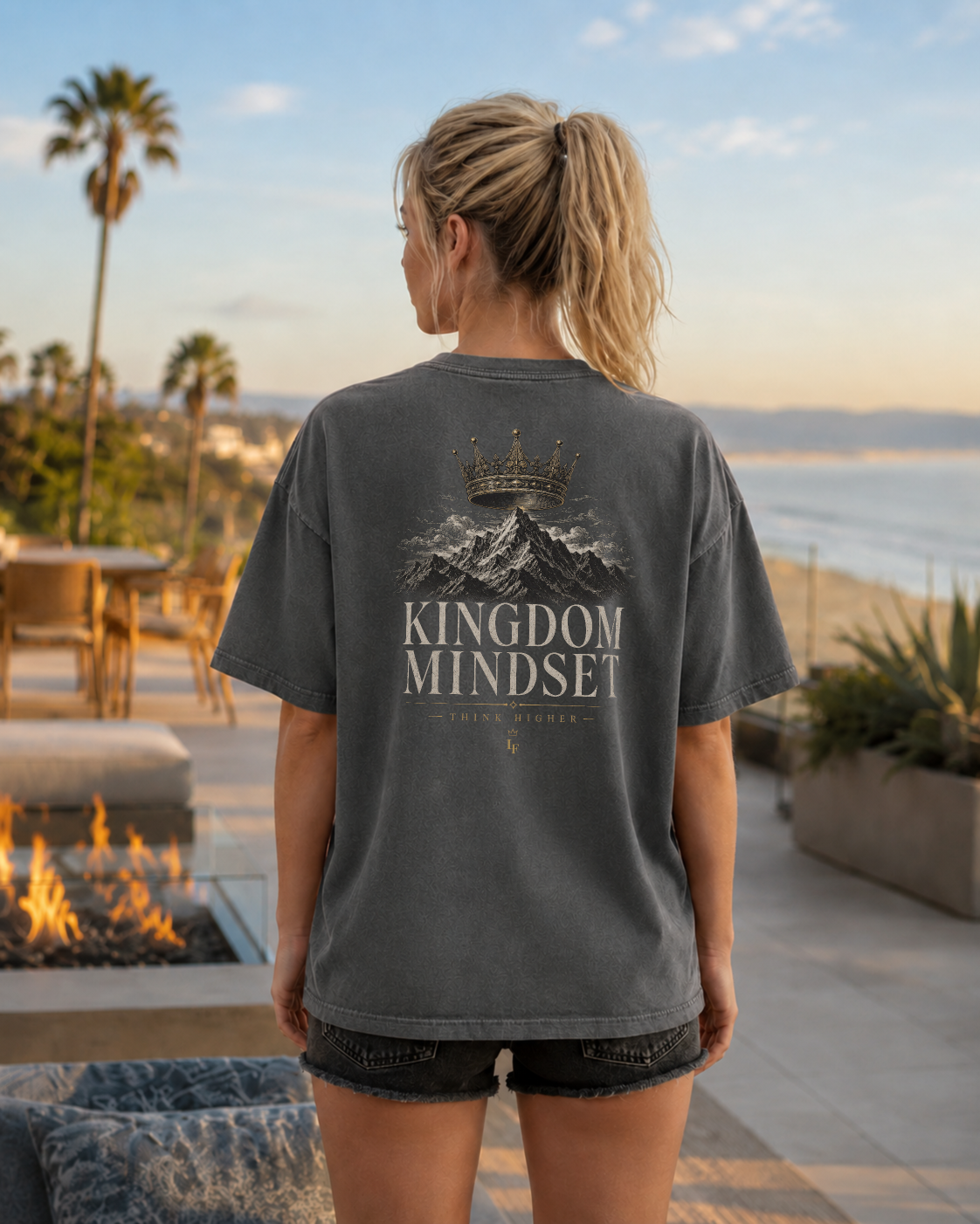 Kingdom pepper heavyweight T-shirt with crown and mountain faith design - lifestyle view 1