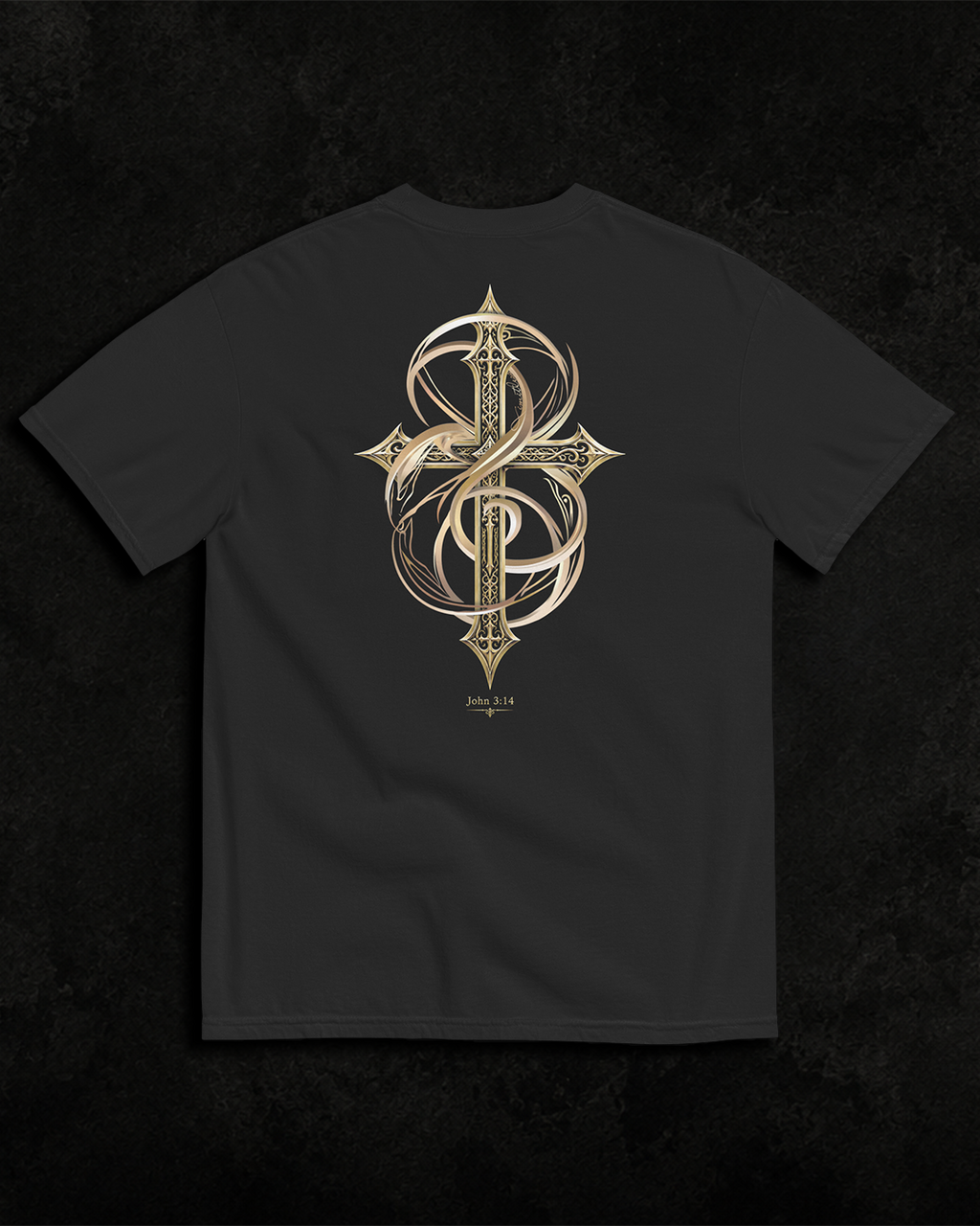 Lifted black heavyweight T-shirt with ornate gold cross design - product-only view