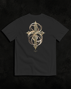 Lifted black heavyweight T-shirt with ornate gold cross design - product-only view