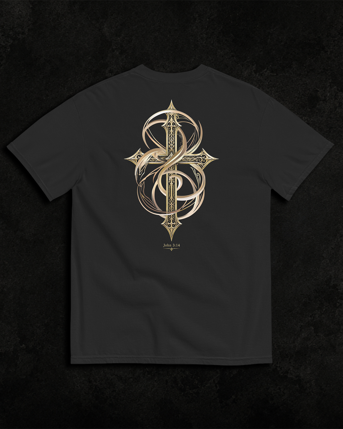 Lifted black heavyweight T-shirt with ornate gold cross design - product-only view