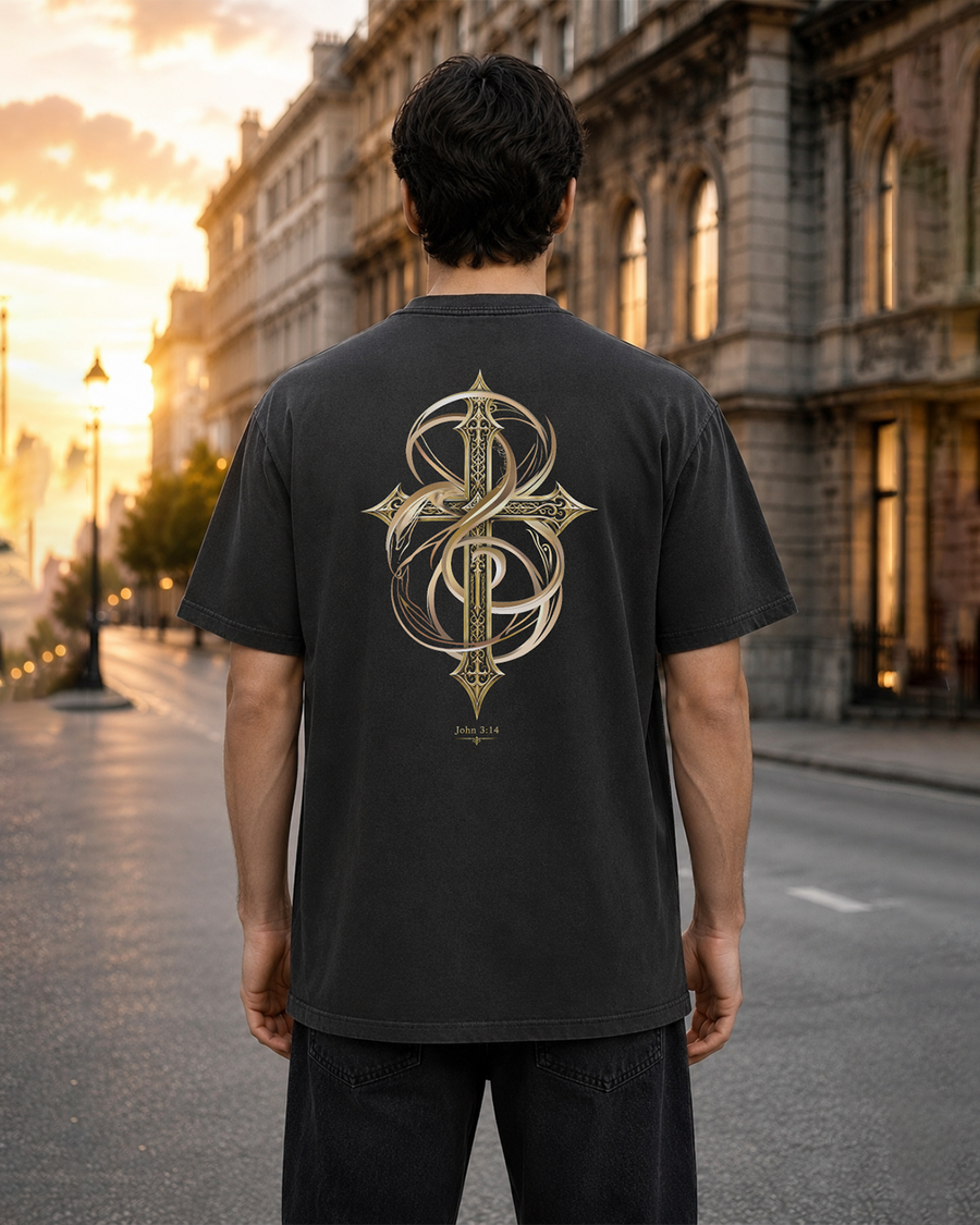 Lifted black heavyweight T-shirt with ornate gold cross design - lifestyle view 1