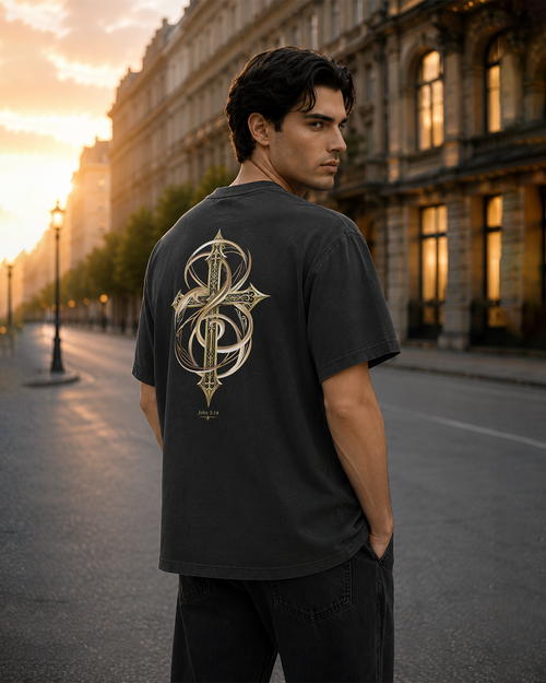 Lifted black heavyweight T-shirt with ornate gold cross design - lifestyle view 2