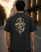 Lifted black heavyweight T-shirt with ornate gold cross design - lifestyle view 3