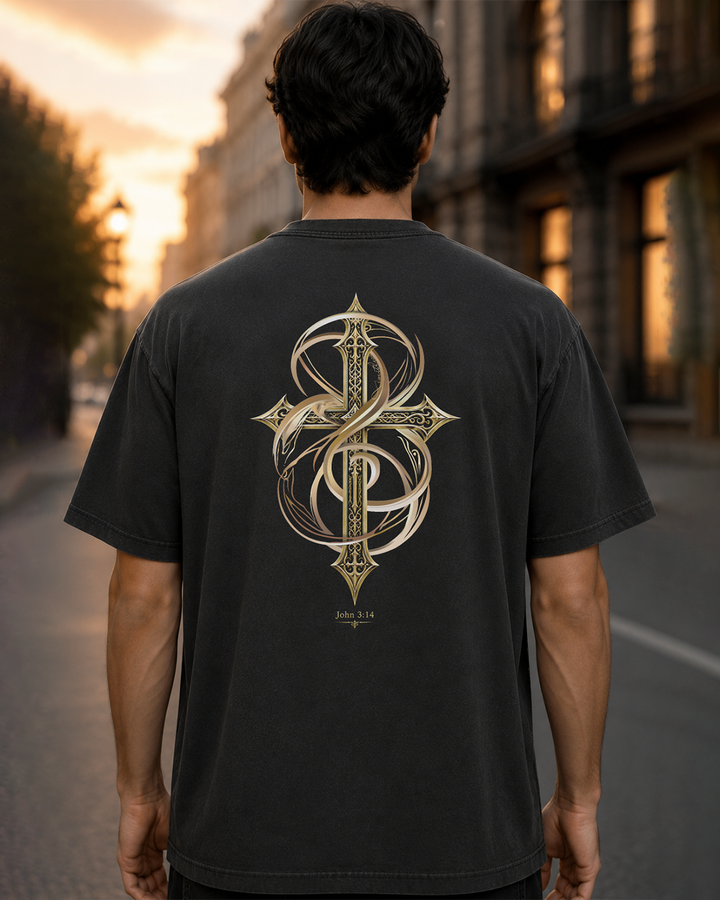 Lifted black heavyweight T-shirt with ornate gold cross design - lifestyle view 3