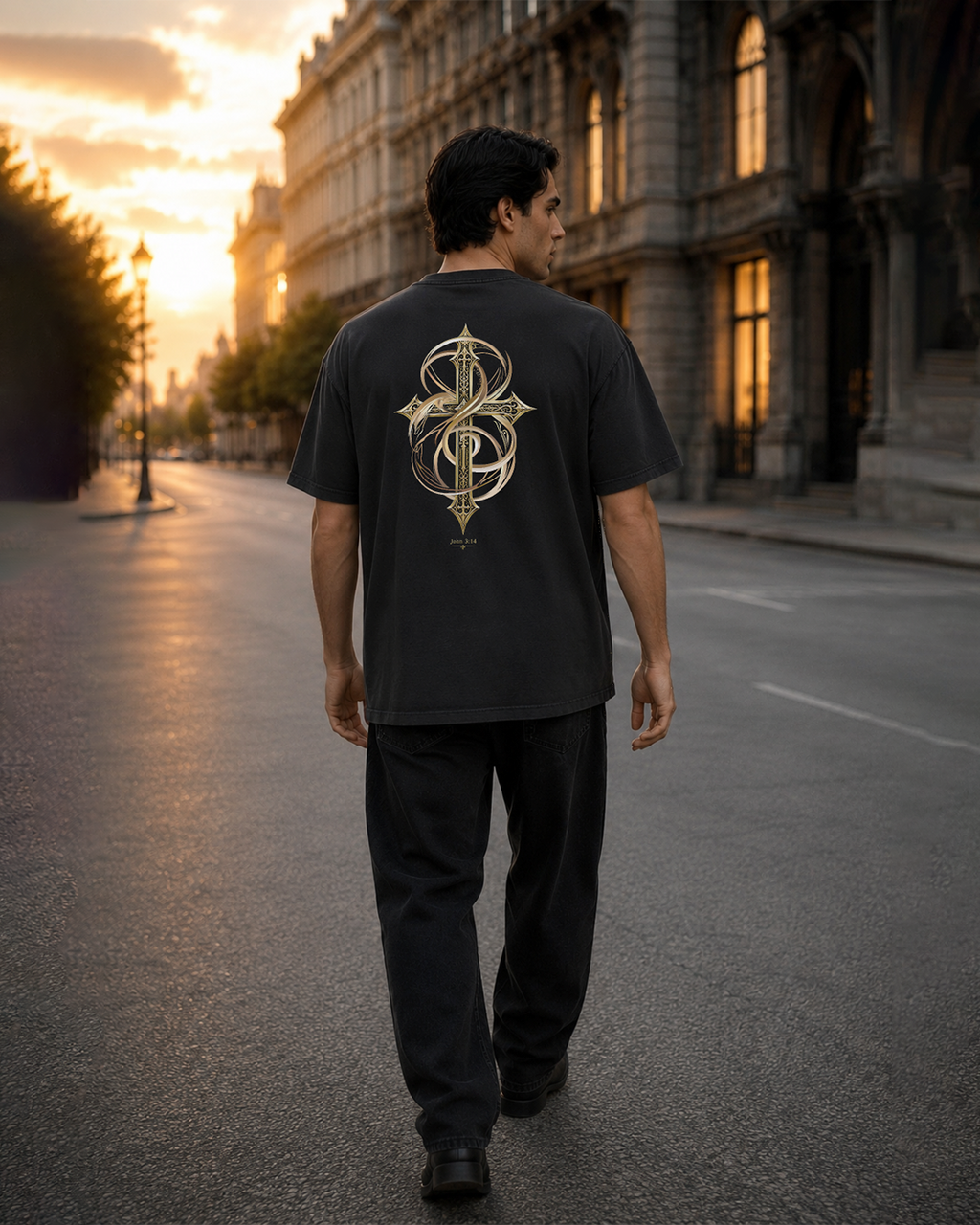 Lifted black heavyweight T-shirt with ornate gold cross design - lifestyle view 4