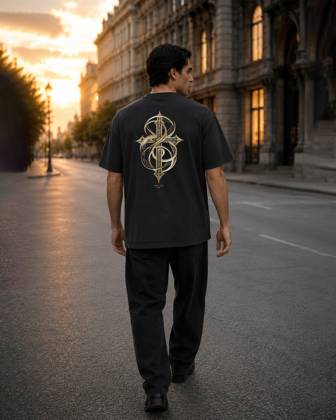 Lifted black heavyweight T-shirt with ornate gold cross design - lifestyle view 4