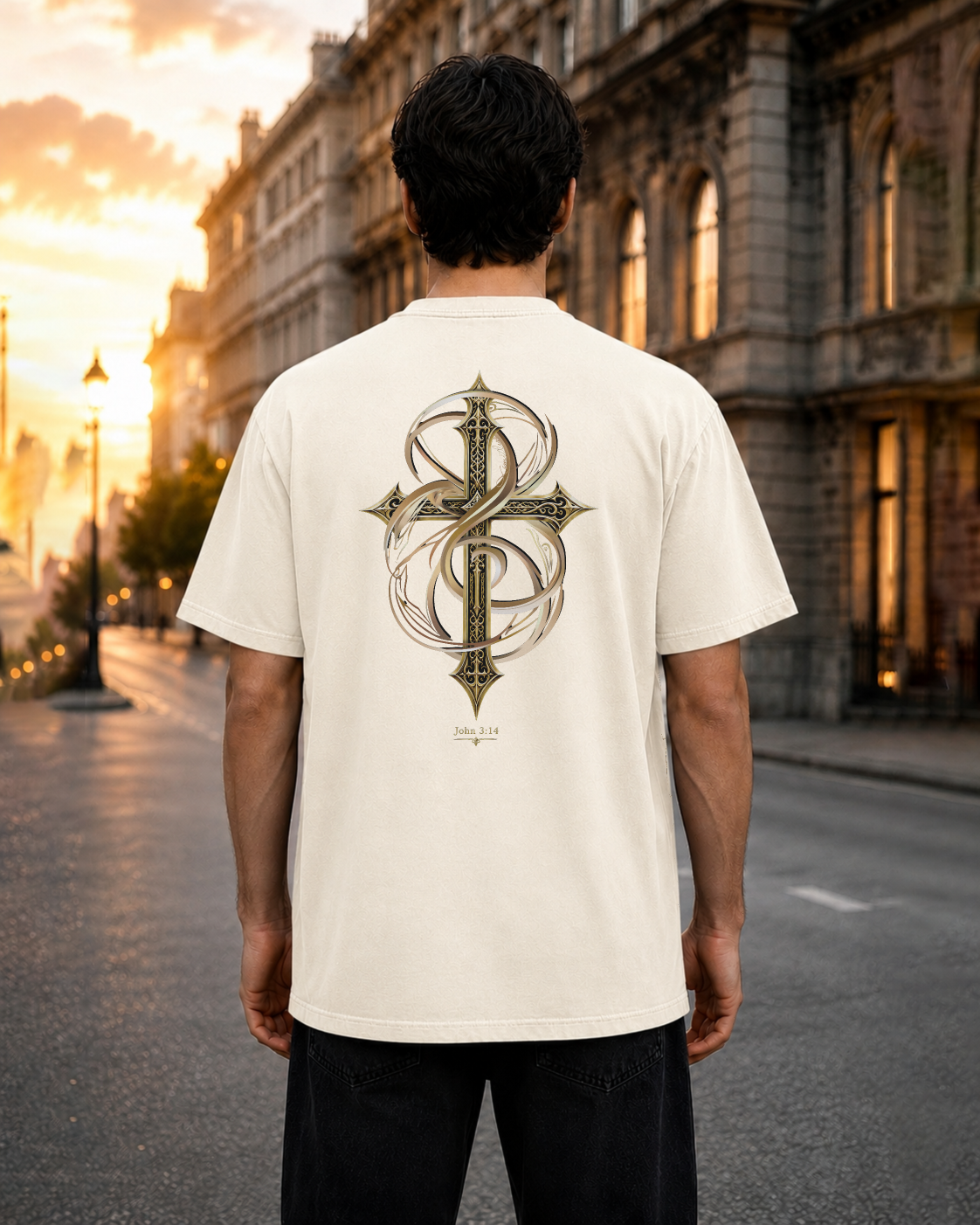 Lifted ivory heavyweight T-shirt with ornate gold cross design - lifestyle view 1