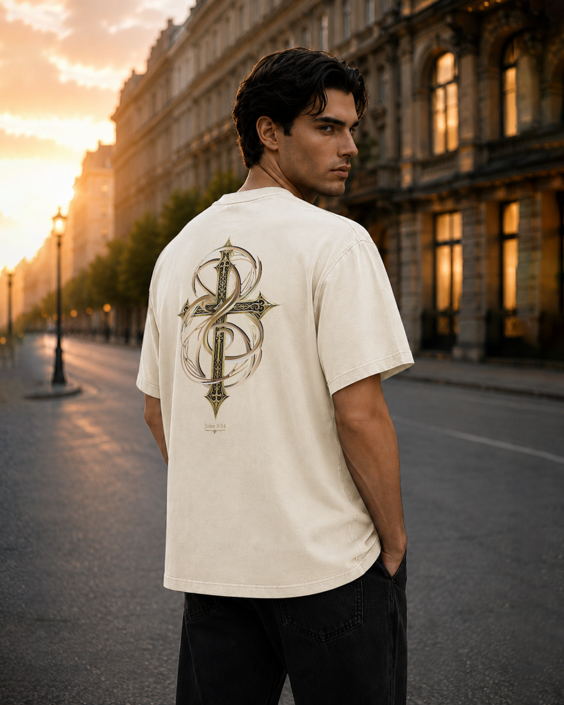 Lifted ivory heavyweight T-shirt with ornate gold cross design - lifestyle view 2