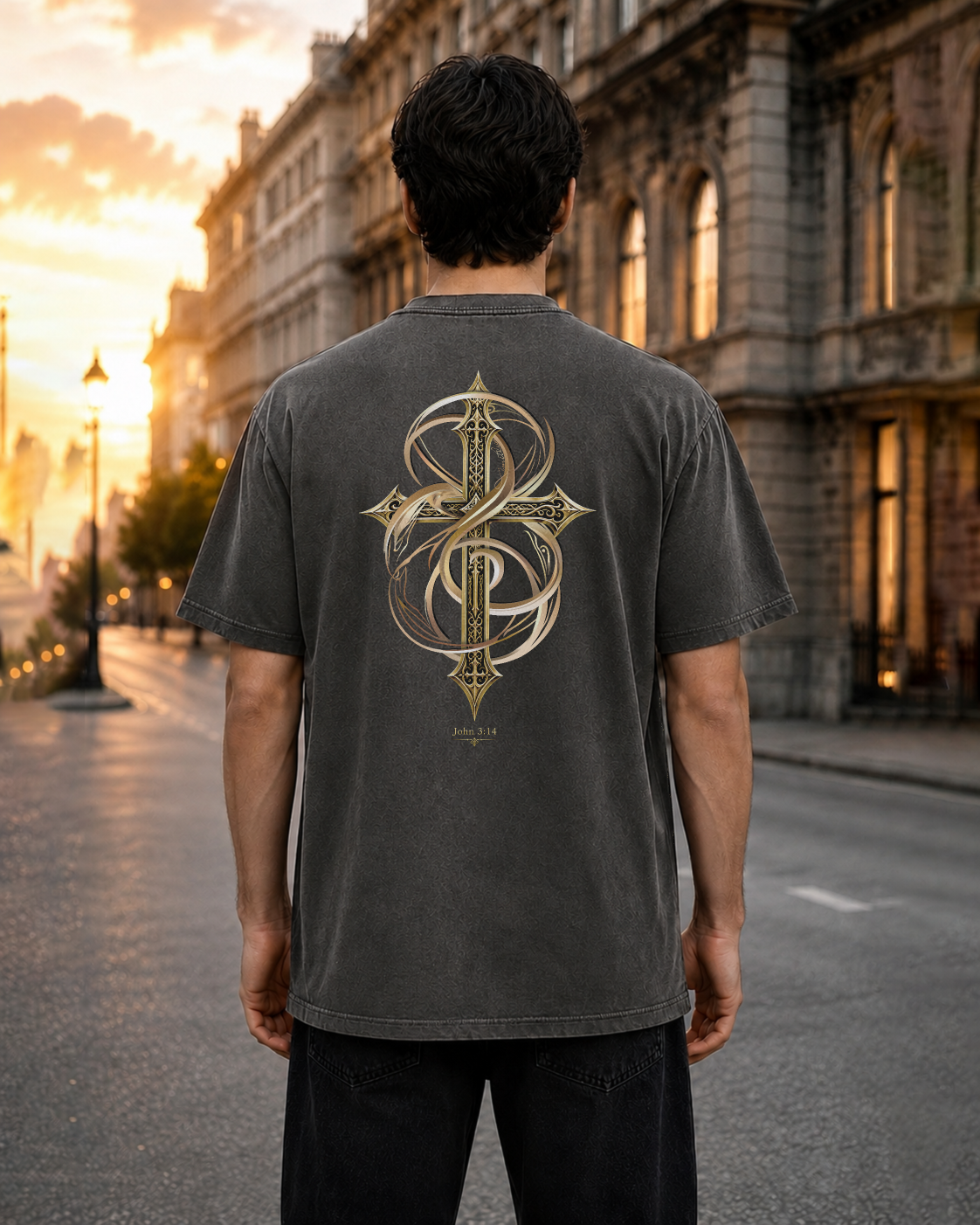 Lifted pepper heavyweight T-shirt with ornate gold cross design - lifestyle view 1
