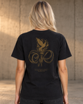 Light black heavyweight T-shirt with faith-inspired flame design - back lifestyle view