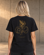 Light black heavyweight T-shirt with faith-inspired flame design - back lifestyle view