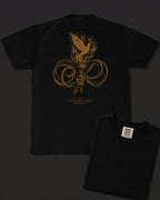 Light black heavyweight T-shirt with faith-inspired flame design - design flat lay