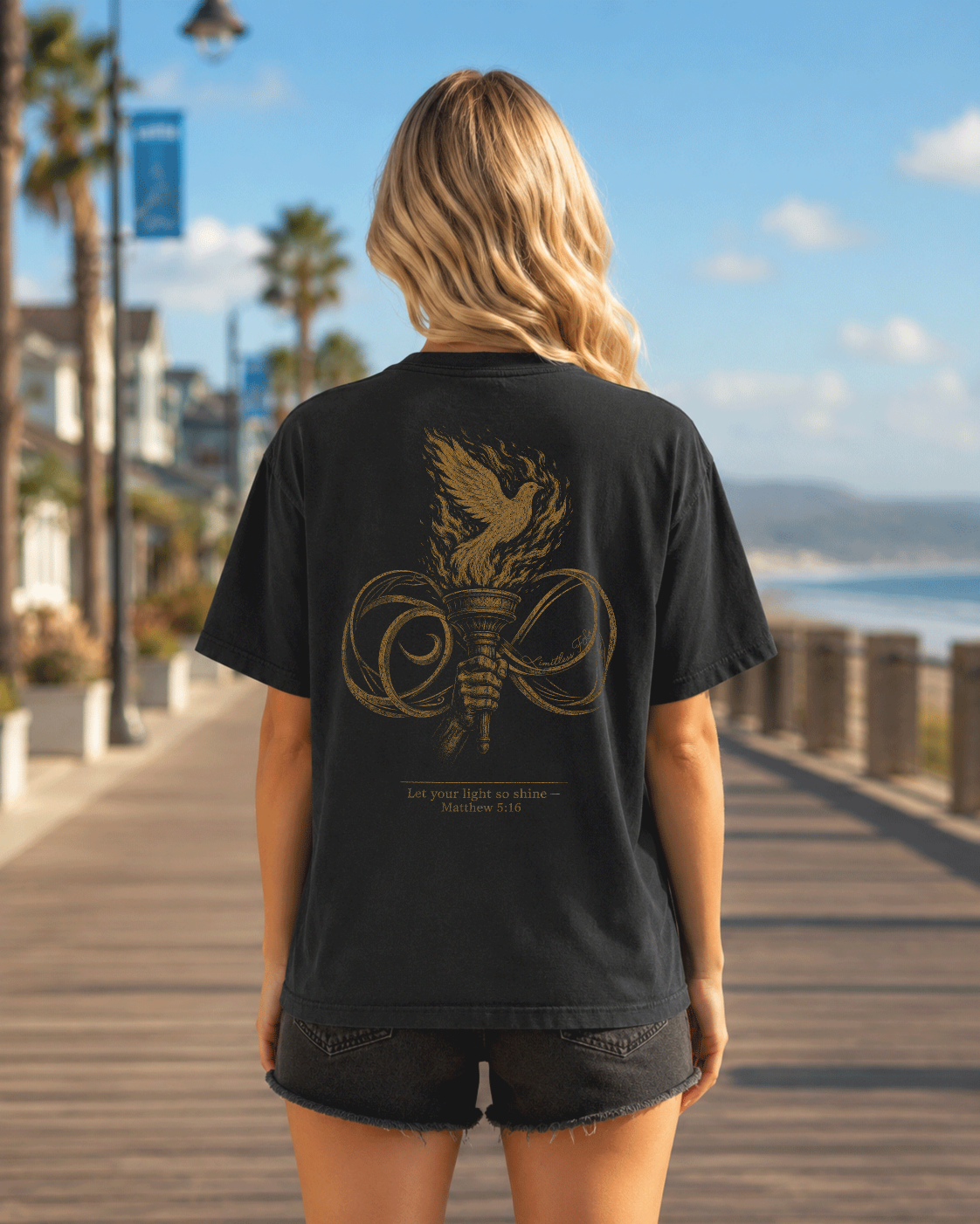 Light black heavyweight T-shirt with faith-inspired flame design - lifestyle view 1