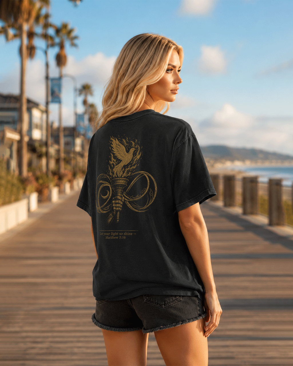 Light black heavyweight T-shirt with faith-inspired flame design - lifestyle view 2