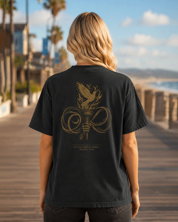 Light black heavyweight T-shirt with Burn Like A Fire faith design - lifestyle view 3