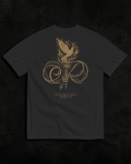 Light black heavyweight T-shirt with faith-inspired flame design - product-only view