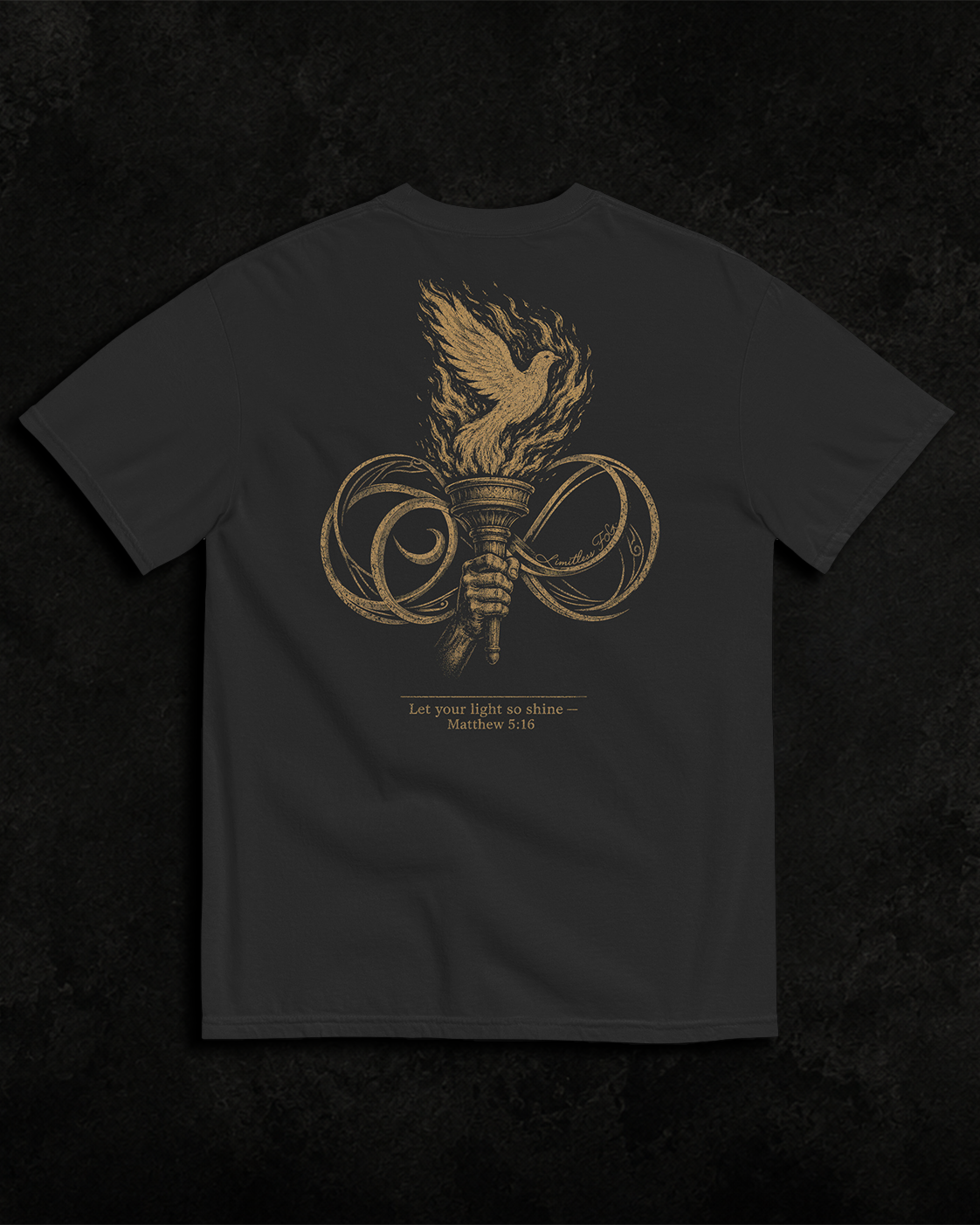 Light black heavyweight T-shirt with faith-inspired flame design - product-only view