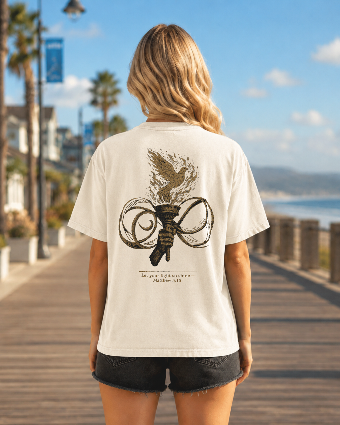 Light ivory heavyweight T-shirt with faith-inspired flame design - lifestyle view 1
