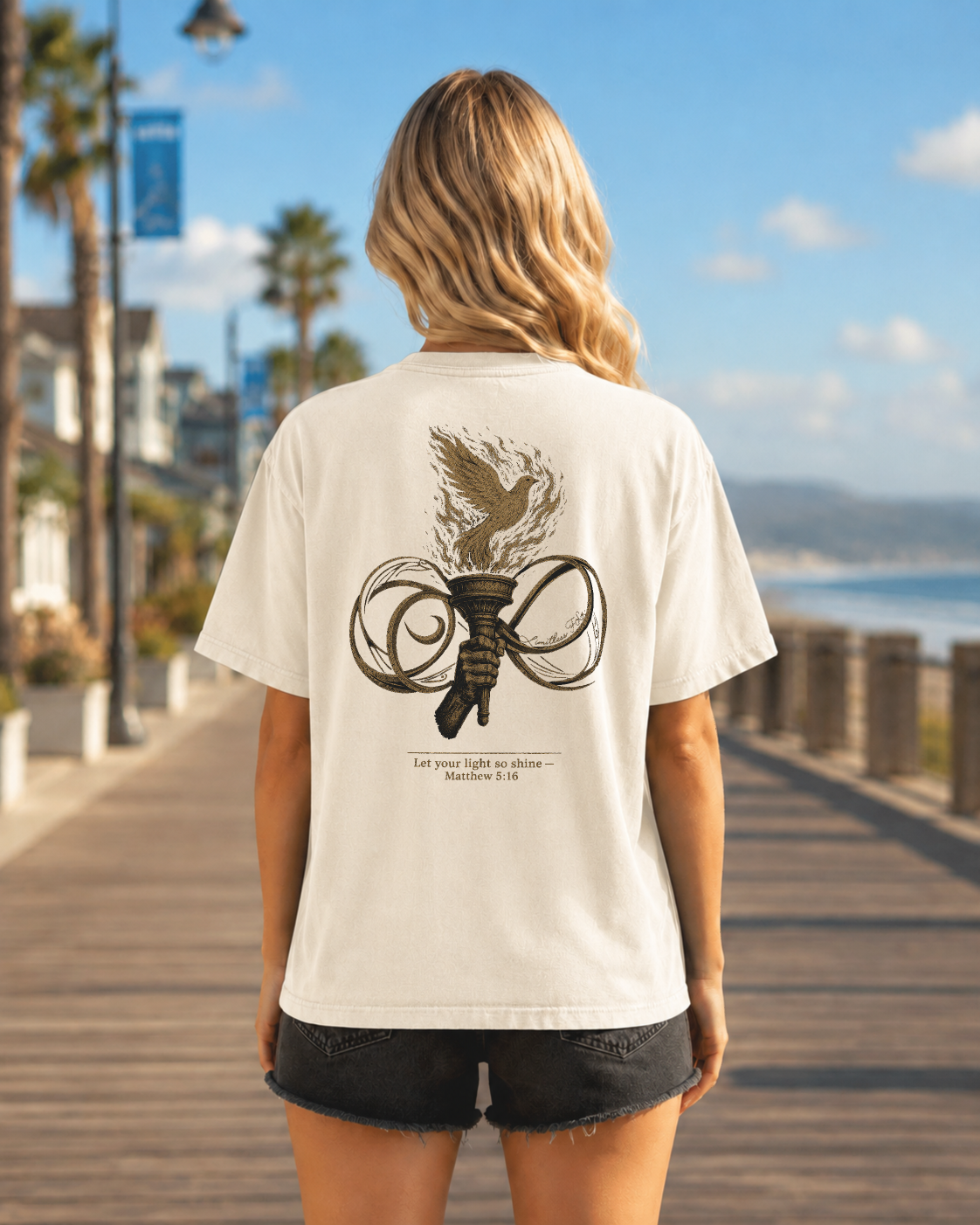 Light ivory heavyweight T-shirt with Burn Like A Fire faith design - lifestyle view 1