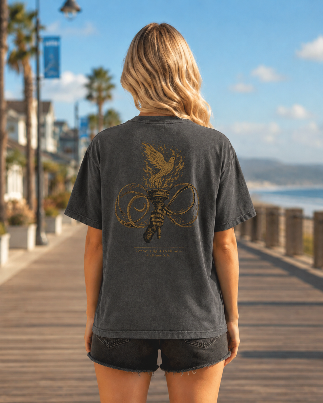 Light pepper heavyweight T-shirt with Burn Like A Fire faith design - lifestyle view 1