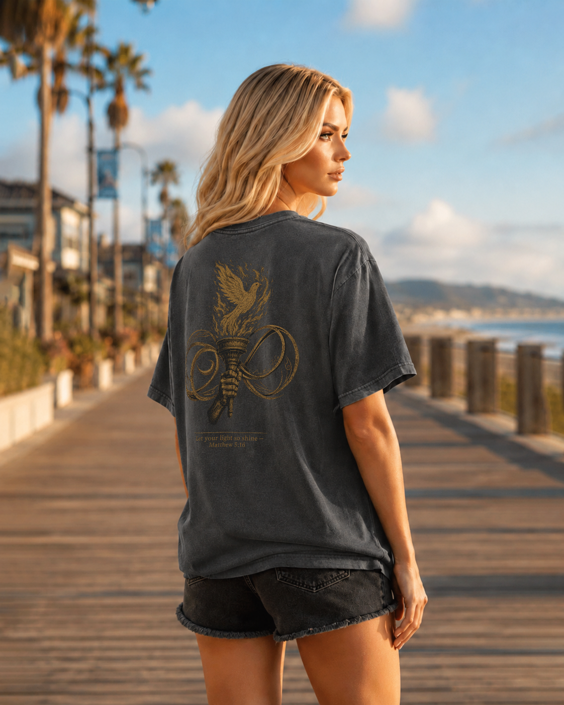 Light pepper heavyweight T-shirt with Burn Like A Fire faith design - lifestyle view 2