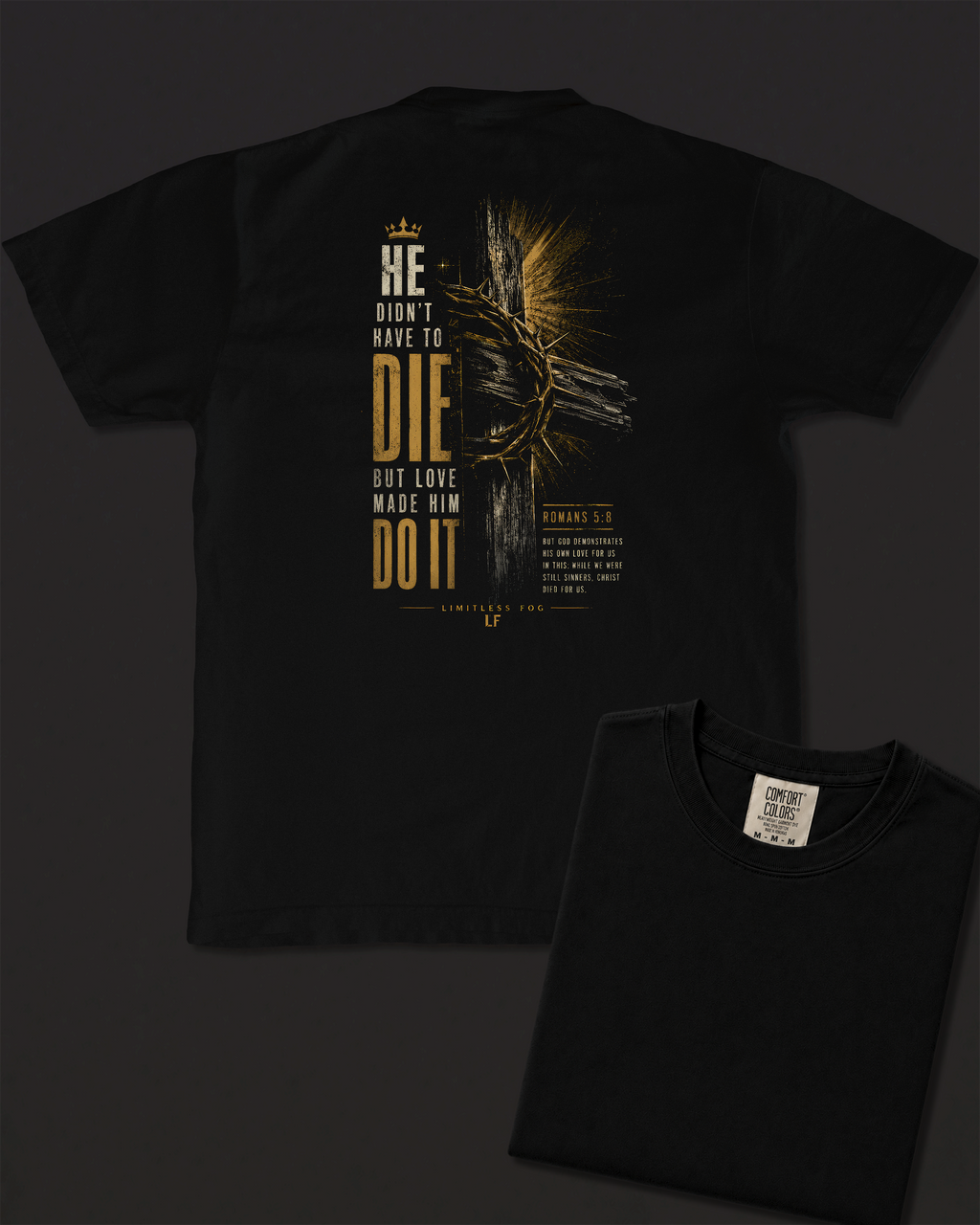 Love black heavyweight T-shirt with cross and crown of thorns design - design flat lay