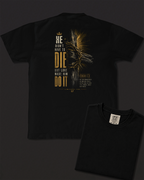 Love black heavyweight T-shirt with cross and crown of thorns design - design flat lay