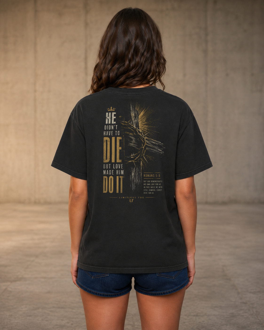 Love black heavyweight T-shirt with cross and crown of thorns design - lifestyle view 1