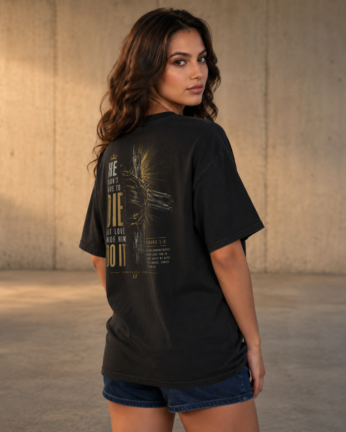 Love black heavyweight T-shirt with cross and crown of thorns design - lifestyle view 2