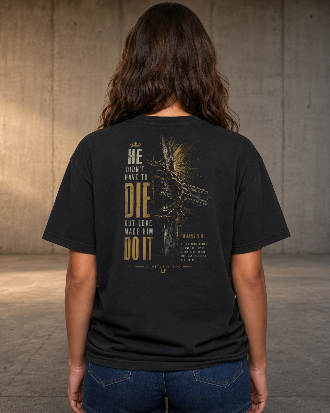 Love black heavyweight T-shirt with cross and crown of thorns design - lifestyle view 3