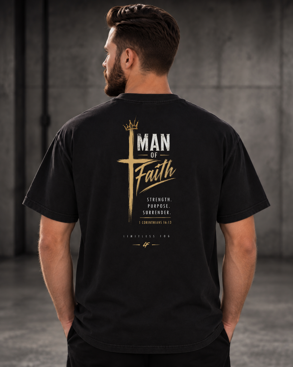 Man of Faith black heavyweight T-shirt with cross design - back lifestyle view