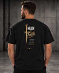 Man of Faith black heavyweight T-shirt with cross design - back lifestyle view