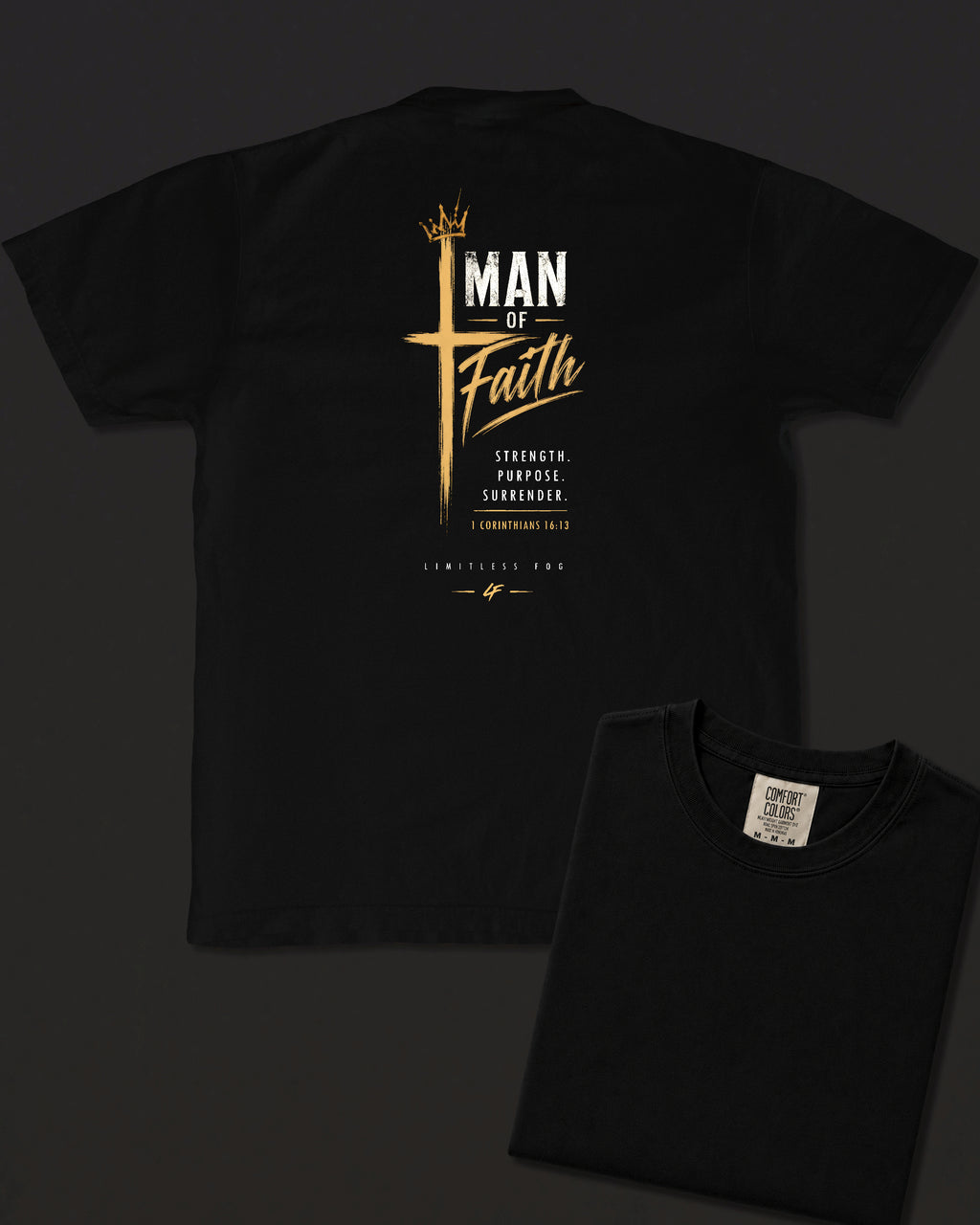Man of Faith black heavyweight T-shirt with cross design - design flat lay