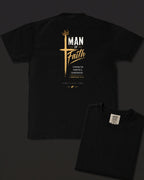 Man of Faith black heavyweight T-shirt with cross design - design flat lay