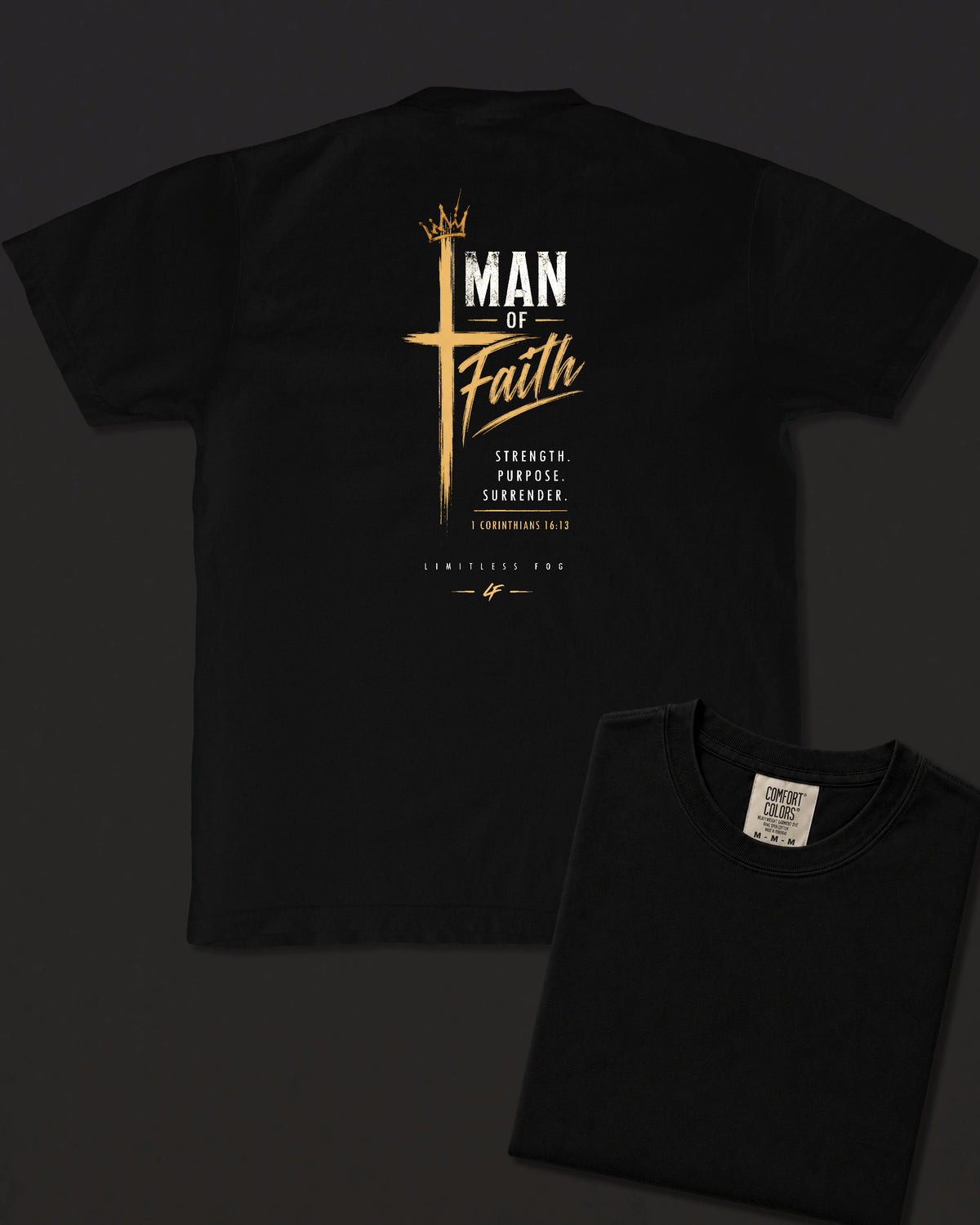 Man of Faith black heavyweight T-shirt with cross design - design flat lay
