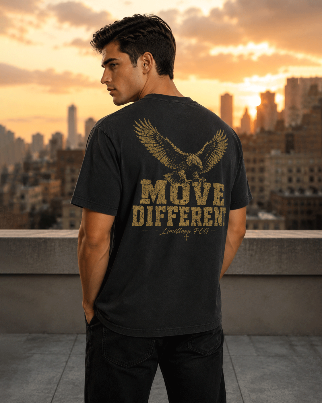 Move Different black heavyweight T-shirt with vintage eagle graphic - lifestyle view 2