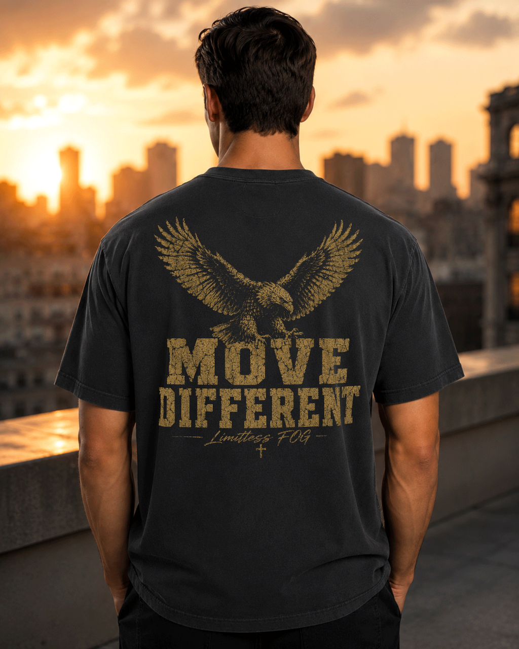Move Different black heavyweight T-shirt with vintage eagle graphic - lifestyle view 3