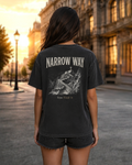 Narrow Way black heavyweight T-shirt with mountain path faith design - lifestyle view 1