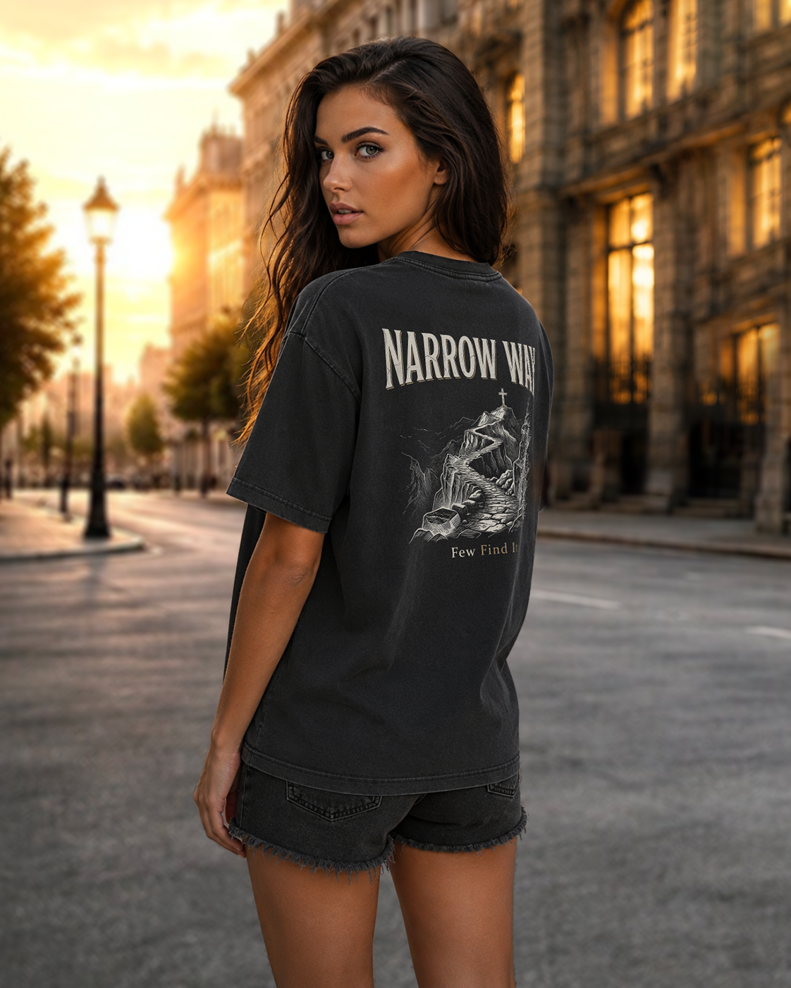 Narrow Way black heavyweight T-shirt with mountain path faith design - lifestyle view 2