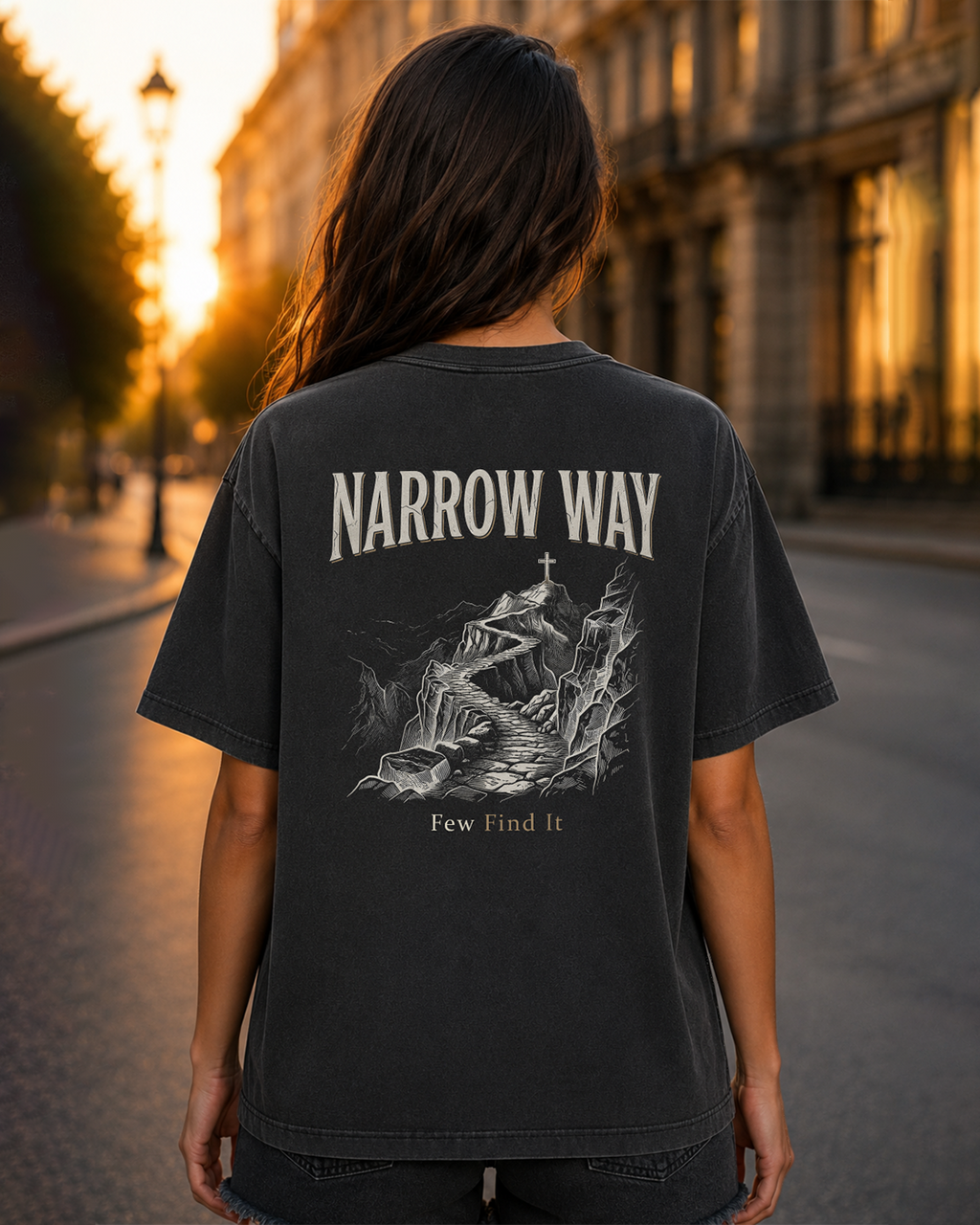 Narrow Way black heavyweight T-shirt with mountain path faith design - lifestyle view 3