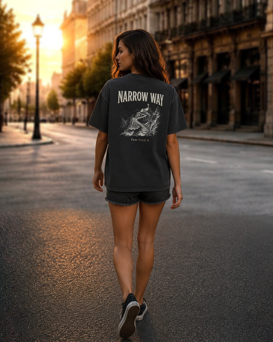 Narrow Way black heavyweight T-shirt with mountain path faith design - lifestyle view 4