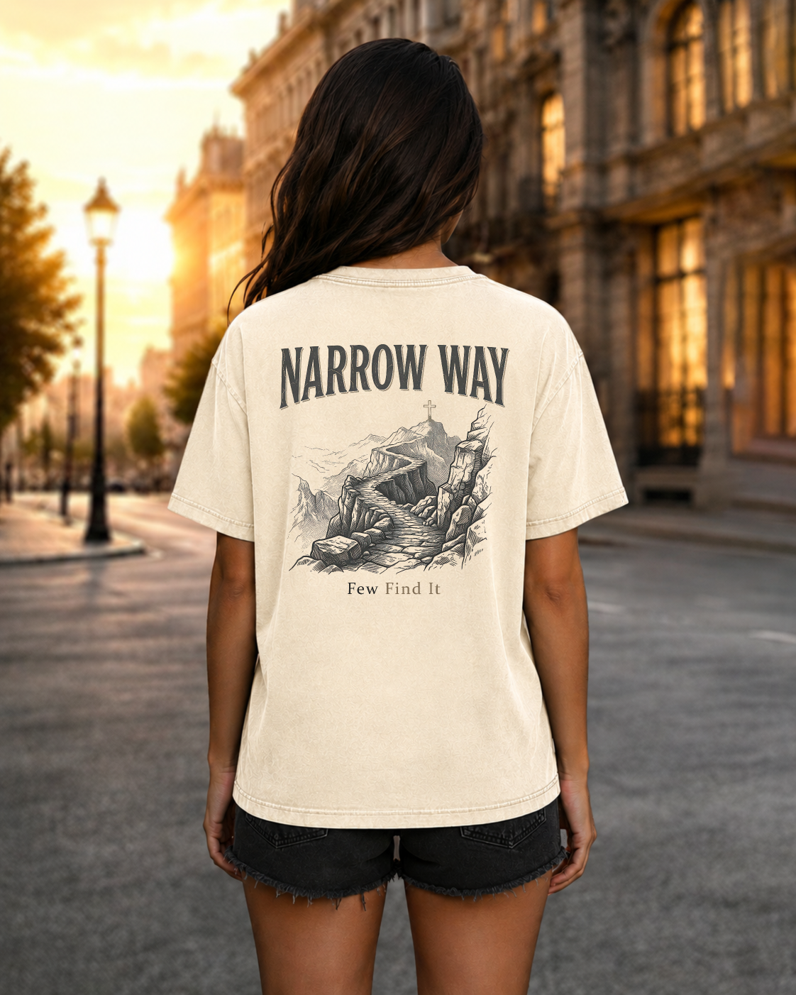 Narrow Way ivory heavyweight T-shirt with mountain path faith design - lifestyle view 1