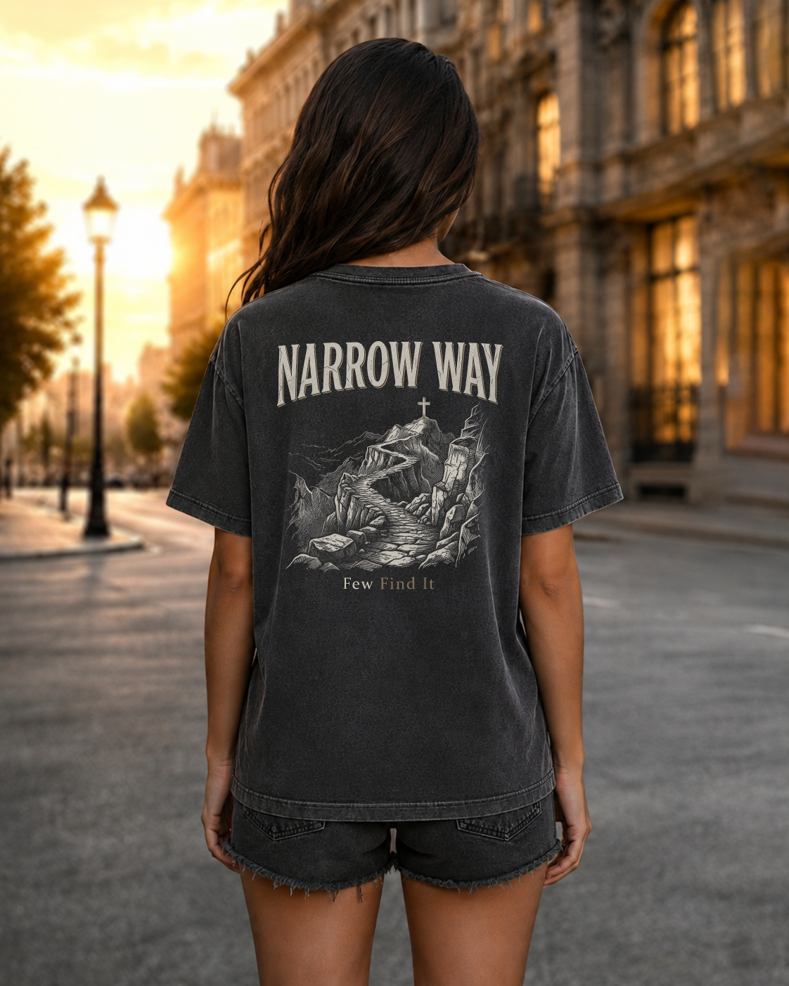Narrow Way pepper heavyweight T-shirt with mountain path faith design - lifestyle view 1